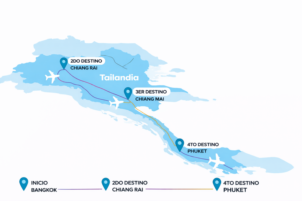 Mapa visual del recorrido de viaje grupal por Tailandia en 2026: Bangkok, Chiang Mai, Phuket y m&aacute;s